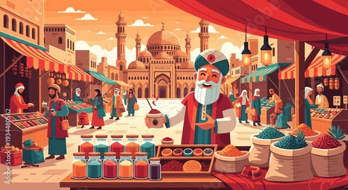 Elderly merchant in traditional attire at bustling market stall.