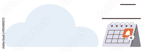 Cloud computing, productivity apps, reminders, task management, digital planning, time management. A cloud icon next to a calendar with a notification symbol. Cloud computing and productivity apps