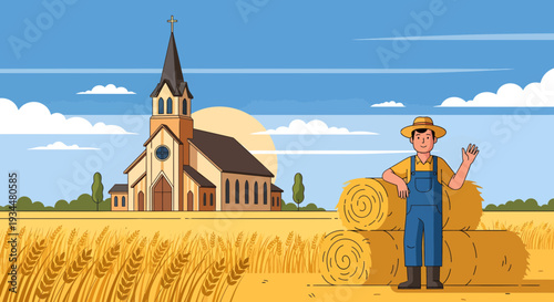 Farmer Standing in a Wheat Field with Hay Bales.
