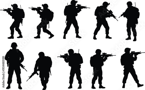 Collection of military soldier silhouettes in combat stances including aiming rifles, patrolling, and wearing tactical gear on a isolated white background
