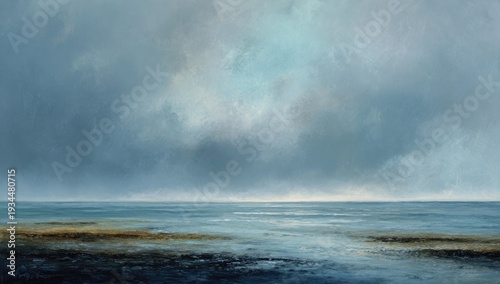 Atmospheric painted seascape depicts a stormy sky meeting ocean with subtle color variations