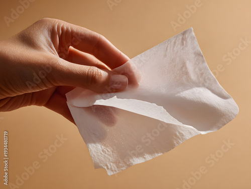 Hand single use wipe tearing disposable paper hygiene cleaning close up beige background hand gently tears single use disposable wipe showing texture and softness beige background evoking