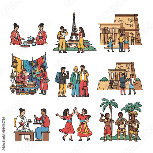 Diverse cultures and travel destinations illustrated, people enjoying local experiences