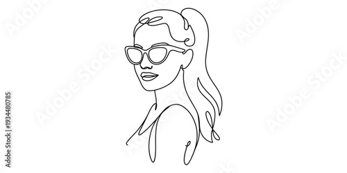 Minimalist one line drawing of a woman with sunglasses and ponytail