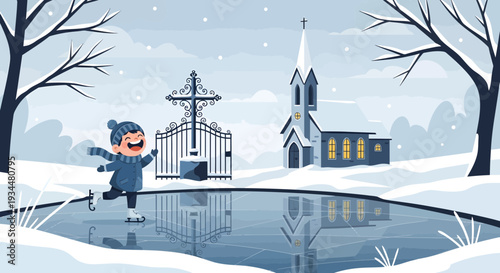 Happy child ice skating on frozen pond in winter.