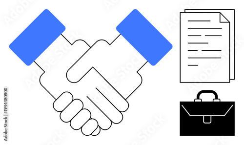 Business deals, corporate agreements, teamwork, partnerships, legal documents, professional collaboration. Handshake with contract and briefcase icons. Business agreements and teamwork concepts