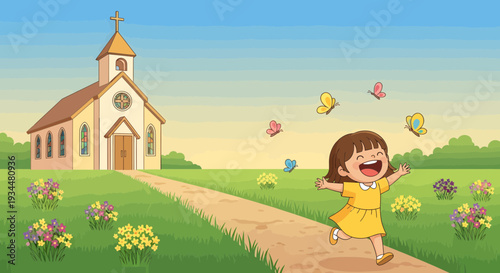 Joyful young girl running with butterflies in a sunny meadow.
