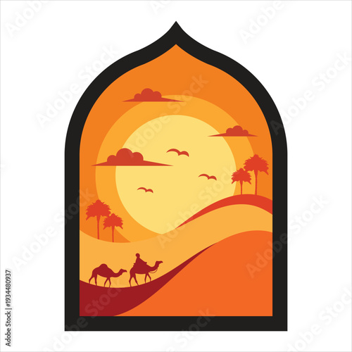 Desert sunset with camel and trees Vector