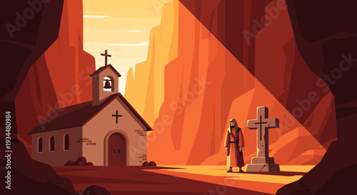 Lone Pilgrim in Desert Churchyard with Cross.