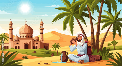 Man drinking water in desert oasis near mosque.