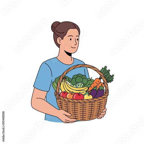 Woman Holding Basket Full of Fresh Fruits and Vegetables, Healthy Eating Concept