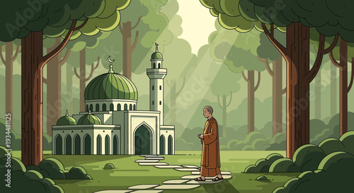 Man in prayer robe standing before mosque.