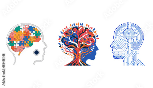 Set of Human head silhouette with brain and gears symbolizing thinking, intelligence, creativity, and idea concept illustration