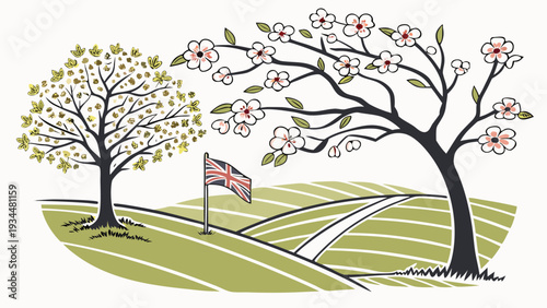 Uk spring bank holiday concept with trees flowers and british flag