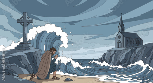 Man kneeling on beach facing stormy sea and waves.