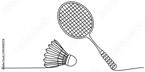 Continuous line drawing of badminton racket and shuttlecock