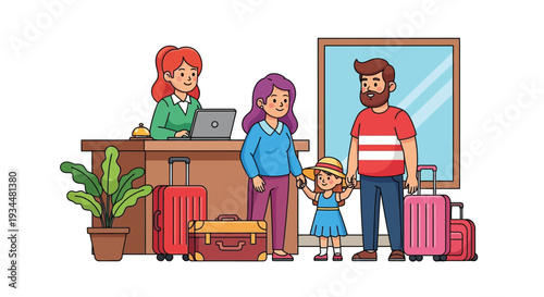 Family checking in at a hotel reception desk with luggage