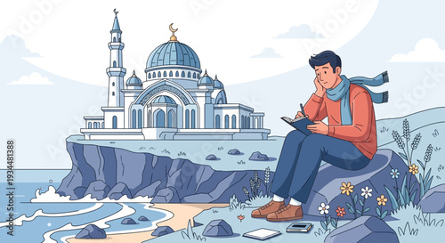 Man sitting on rock writing in notebook by the sea.