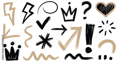 Cut Out Crayon Scrapbook Elements, Hand-Drawn Stars, Arrows, Crown, and Lightning Doodles on Torn Craft Paper, Vector Chalk Stroke Style for Creative Design.