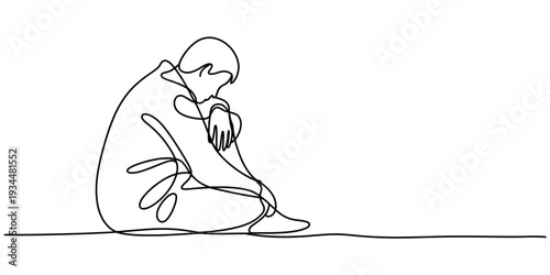 Continuous line drawing of sad man sitting alone