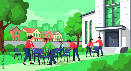 People arranging chairs for an outdoor event.