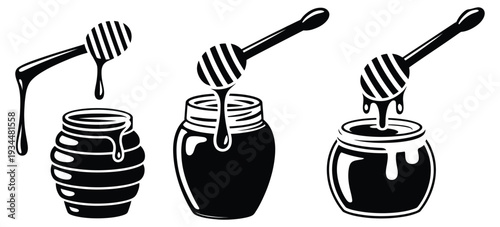 Dripping honey pot illustration, bold monochrome vector graphic of four jars, isolated for use in labels, menus, and digital or print design projects.
