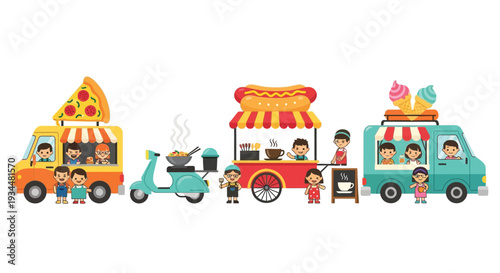 Colorful illustration of food trucks and people enjoying various snacks