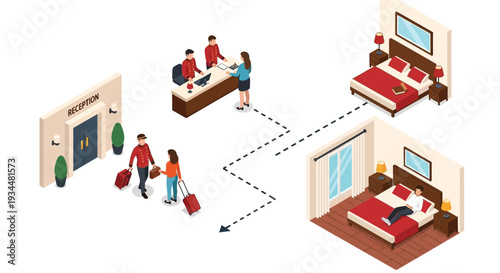 Isometric illustration depicting hotel services check in reception and guest rooms