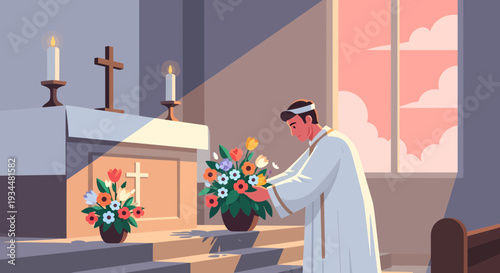 Priest Arranging Flowers at the Altar in Church.