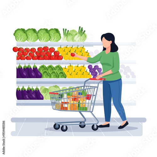 Woman shopping for fresh vegetables and fruits in a supermarket with a cart