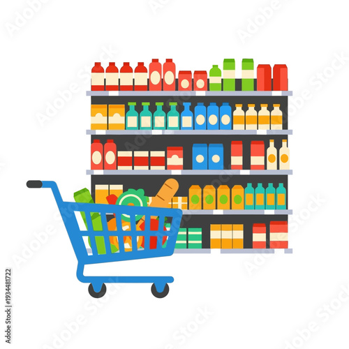 Blue Shopping Cart Filled with Groceries in Front of Supermarket Shelves