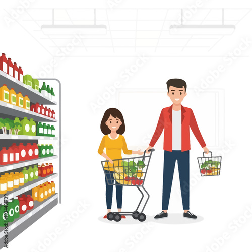 Couple shopping for groceries in a supermarket aisle with a full shopping cart.