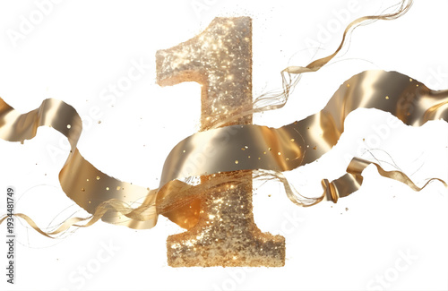 Golden Number One with Flowing Ribbon, Glitter Celebration Graphic for Anniversary, Birthday, New Year, Award Ceremony, Luxury Branding Design