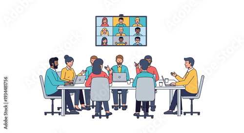 Group meeting in progress with a video conference call on a wall screen