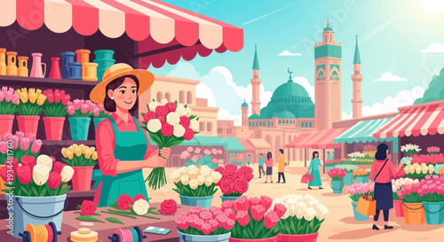 Woman Florist Selling Colorful Bouquets at Outdoor Market Stall.