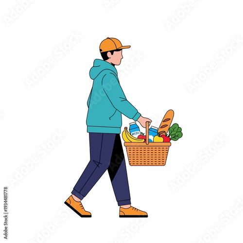 Delivery man carrying grocery basket with fresh food, fruits, bread, and milk