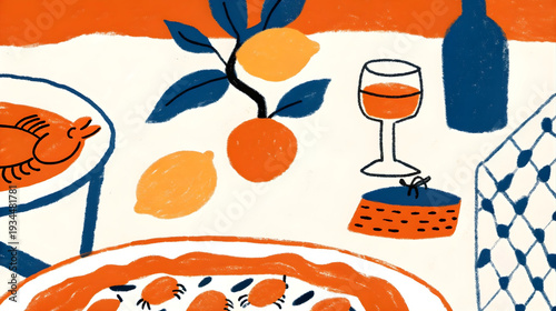 Mediterranean Food Illustration with Seafood Paella, Lemon Tree, Wine Glass and Bottle, Hand Drawn Culinary Art for Restaurant Menu, Packaging, Kitchen Decor