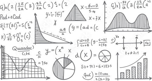 Hand drawn mathematical equations and graphs including bar charts pie charts and line graphs on a white background