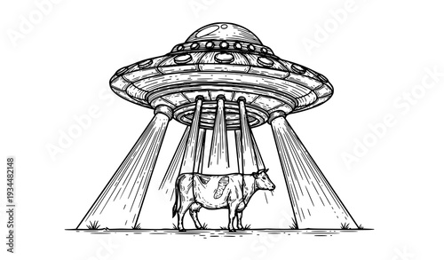 Detailed Engraving Style UFO Abducting Cow Black and White Line Art Vector Illustration