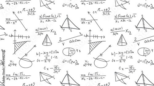Hand drawn mathematical equations and geometric diagrams on a white background mathematics formula science