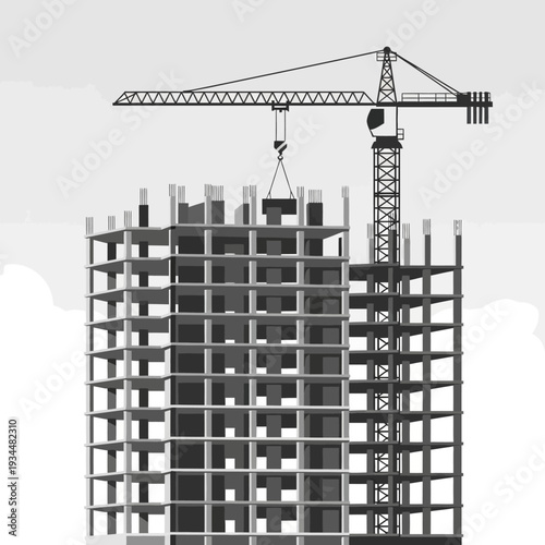 Construction of a high-rise building with a crane, unfinished concrete structure against a cloudy sky.