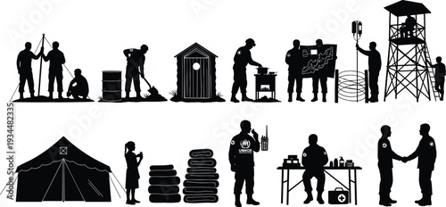 Comprehensive collection of military silhouettes featuring tactical combat maneuvers, humanitarian aid camp scenes, emergency vehicles, and field operations isolated on white background