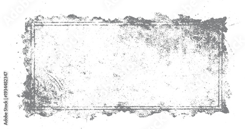 Distressed grey rectangular frame with rough textured edges and scattered speckles on white background