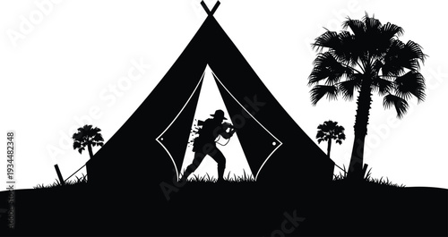 Comprehensive collection of military silhouettes featuring tactical combat maneuvers, camping scenes, emergency transport vehicles, and civilian figures isolated on a white background