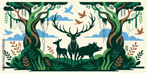 Stylized illustration depicting deer birds and forest wildlife in nature