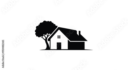 Minimalist black and white illustration of a house with a tree