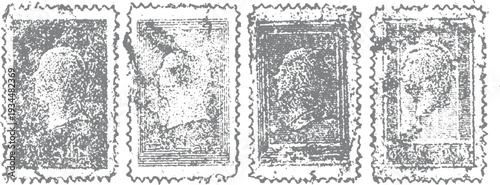 Four vintage grey postage stamps with profile portraits and serrated edges monochrome