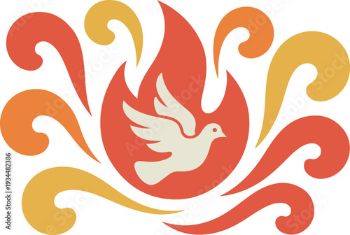 Dove within abstract fiery swirls and flames bird white