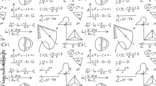 Hand drawn mathematical equations and geometric shapes on white background mathematics formula science