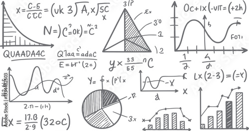 Hand drawn mathematical equations graphs and charts with formulas and diagrams on white background mathematics